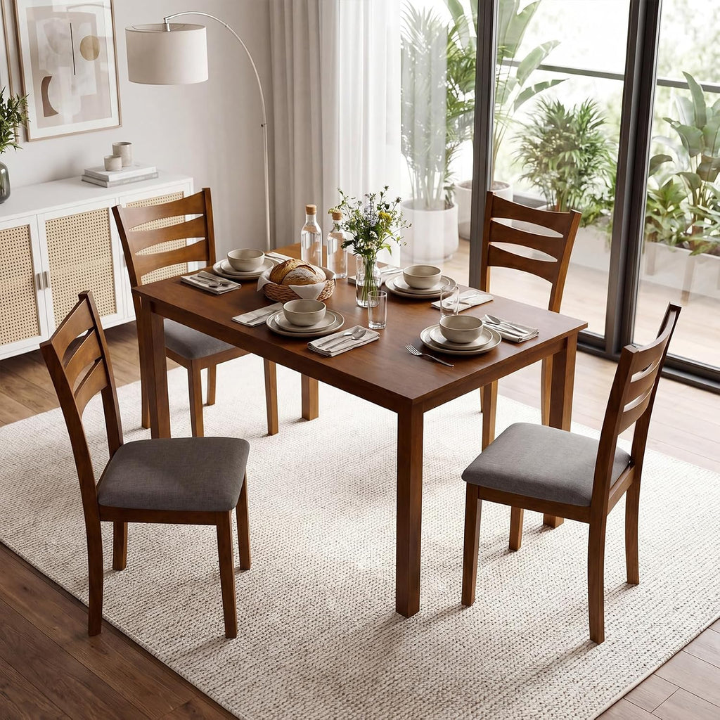 Giantex Dining Table Set For 4, Rectangular Kitchen Table Set W/ 4 Upholstered Chairs & Solid Rubber Wood Frame, Space-Saving Farmhouse Dinette Set For Small Space, Dining Room, Breakfast Nook