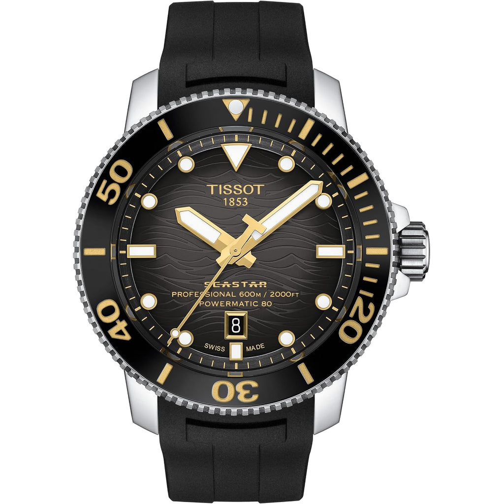 Tissot Mens Tissot Seastar 2000 Professional Powermatic 80 316L Stainless Steel Case Automatic Watch, Black, Rubber, 22 (T1206071744101)