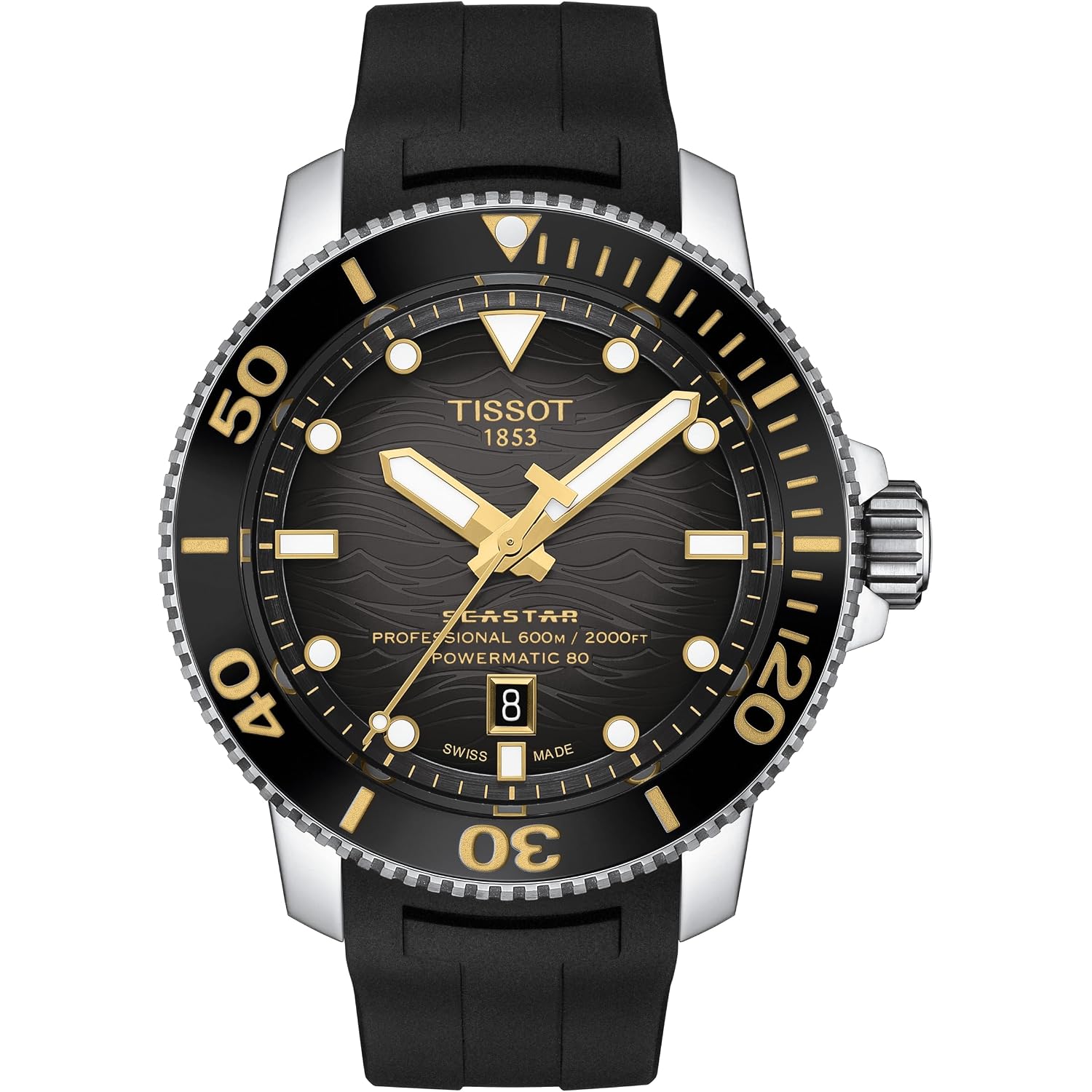 Tissot Mens Tissot Seastar 2000 Professional Powermatic 80 316L Stainless Steel Case Automatic Watch, Black, Rubber, 22 (T1206071744101)