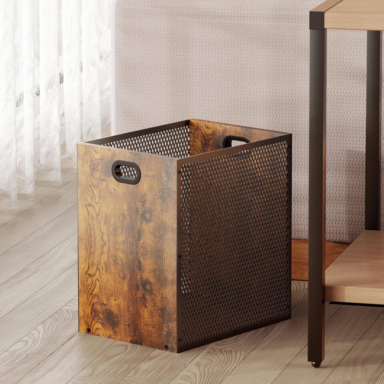 Huxitocan Retro Office Trash Can, Iron And Wood Combination Bedroom Garbage Can, Rectangular Design Wastebasket With Handle, Industrial Style Trash Can For Home Office, 4.5 Gallon (Patent Pending)