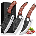 Huusk Butcher Knife Set Of 3- Japanese Knife Set For Meat Cutting, Hand Forged Viking Knives Sets With Meat Cleaver, Heavy-Duty Kitchen Knives Sets For Bone Bbq Vegetable, Fathers' Day Gift For Dad
