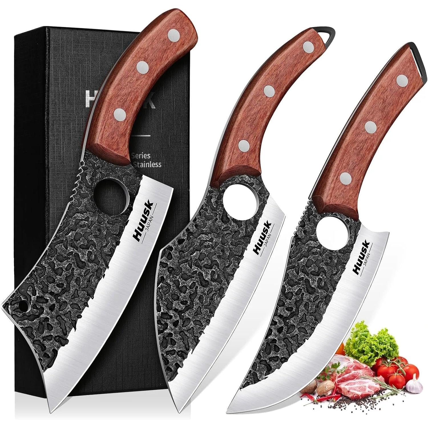 Huusk Butcher Knife Set Of 3- Japanese Knife Set For Meat Cutting, Hand Forged Viking Knives Sets With Meat Cleaver, Heavy-Duty Kitchen Knives Sets For Bone Bbq Vegetable, Fathers' Day Gift For Dad