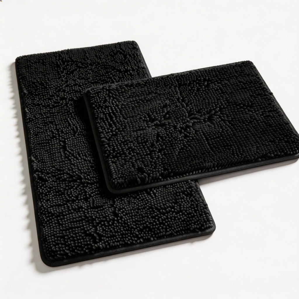 Bathroom Rugs Set 2 Piece Thick Chenille Bath Mats, Soft Quick Dry Plush Absorbent Bath Rugs With Non-Slip Pvc Backing, 32X20+24X16 Inch Black