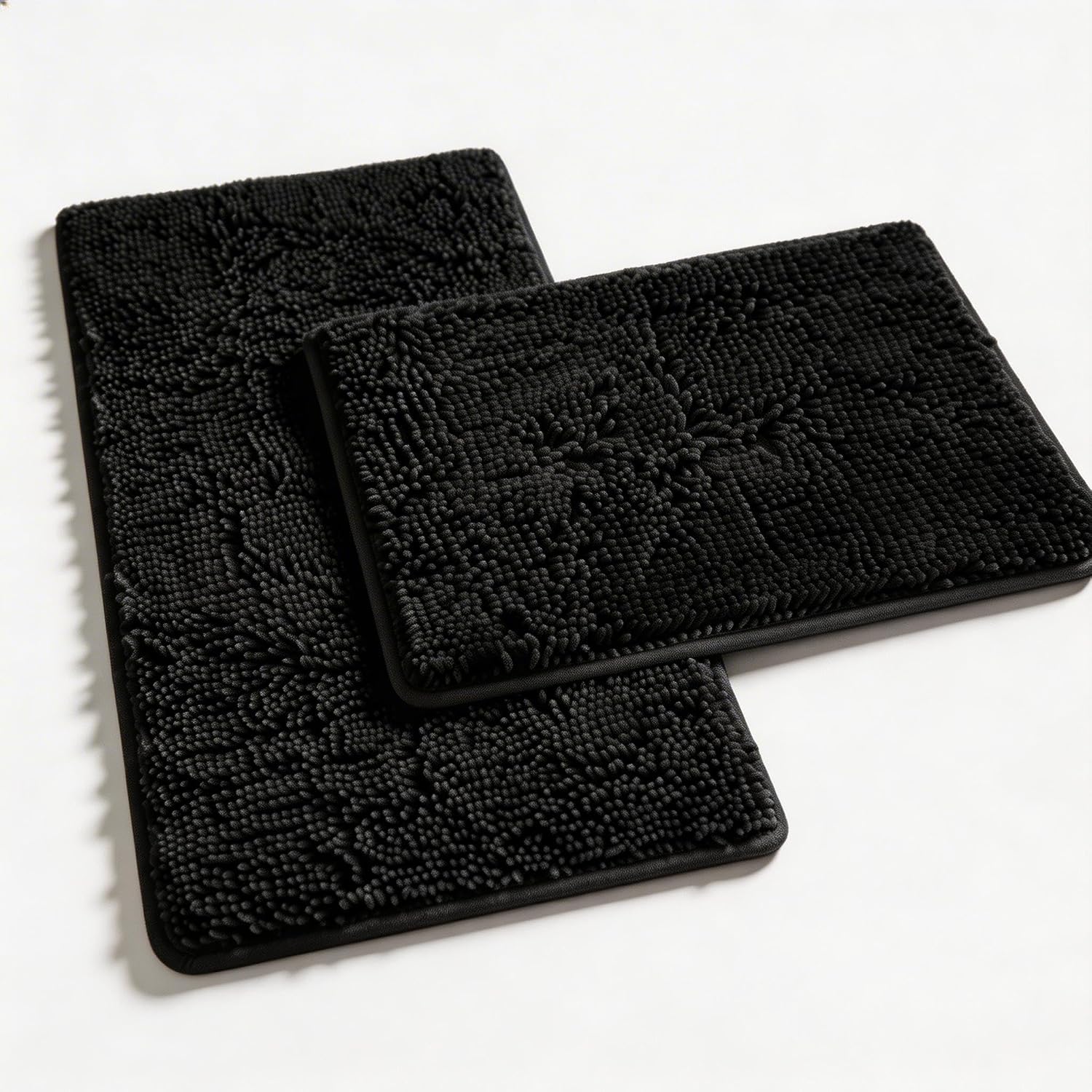 Bathroom Rugs Set 2 Piece Thick Chenille Bath Mats, Soft Quick Dry Plush Absorbent Bath Rugs With Non-Slip Pvc Backing, 32X20+24X16 Inch Black