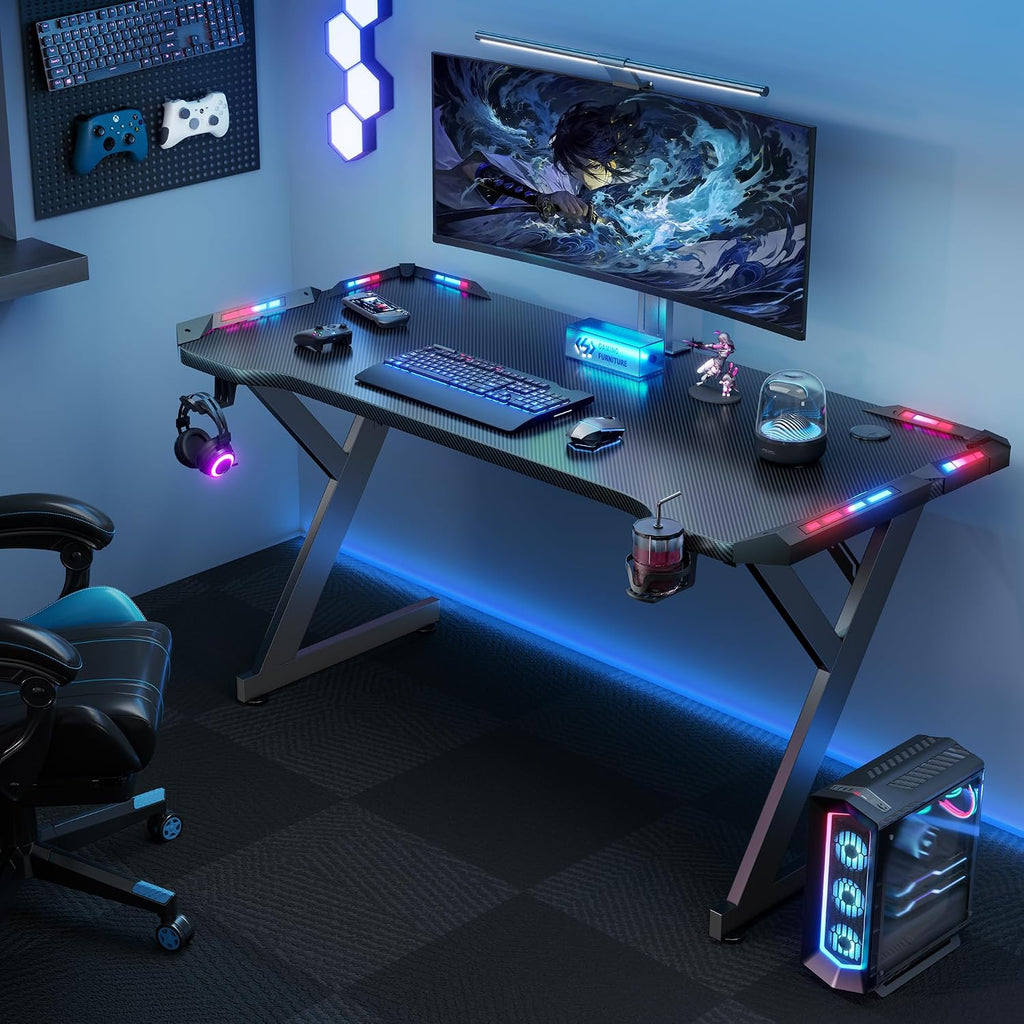 Hldirect 40 Inch Gaming Desk With Led Lights, Home Office Gamer Desk, Ergonomic Computer Table With Large Carbon Fiber Desktop, Office Workstation, Cup Holder & Headphone Hook, Black
