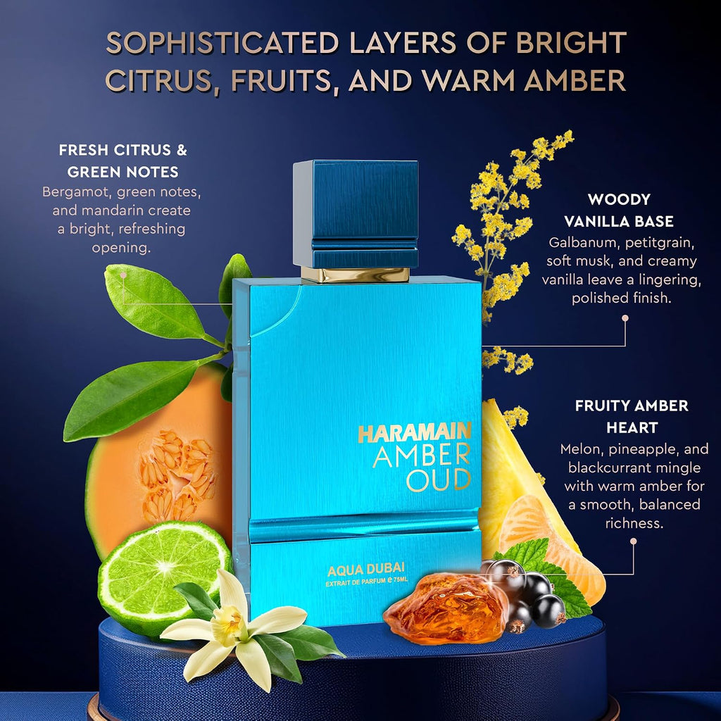 Al Haramain Amber Oud Eau De Parfum – Aqua Dubai – Oud Cologne + Atomizer – Men'S Perfume For Men: Bergamot, Green Notes, Mandarin, Melon, Pineapple, Amber, Vanilla, Musk, Mens Fragrances (2.5 Oz)