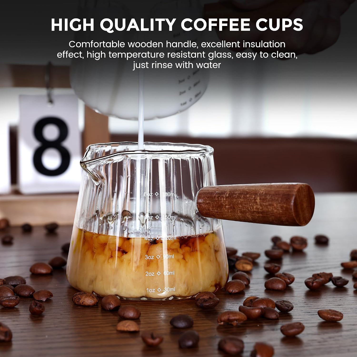 2 Pcs Espresso Measuring Cup 6 Oz, Espresso Glass Cups With Wood Handle, Milk Frothing Cup, Espresso Cup For Coffee, Milk, Tea Or Maple Syrup Serving
