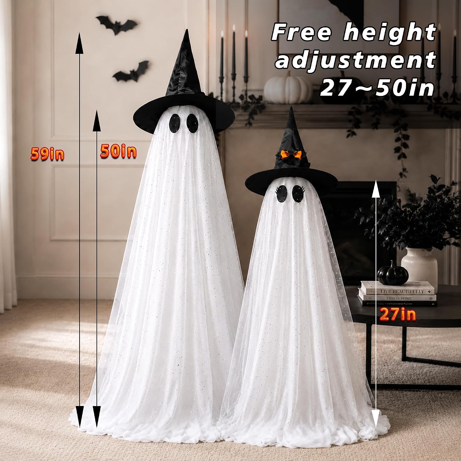 2Packs Halloween Decorations Outdoor,Halloweens Party Decoration Indoor,Spooky Ghost With Remote Control String Lights,Halloween-Ghost Lights For Porches Yards Gardens Lawn