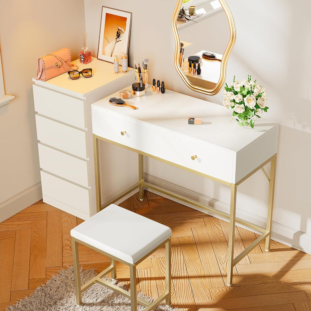 Superjare 35.4" White And Gold Desk With 2 Drawers, Modern Makeup Vanity With Padded Stool, Small Computer Desk Home Office Desk For Writing Study Bedroom