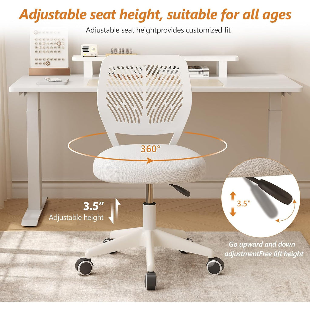 Jpbsto Armless Desk Chair, Height Adjustable Swivel Office Rolling Task Chairs With Soft Mesh Padded Cushion, Ergonomic Small Study Computer Chair For Girls Boys Teens (White, 1Pc)