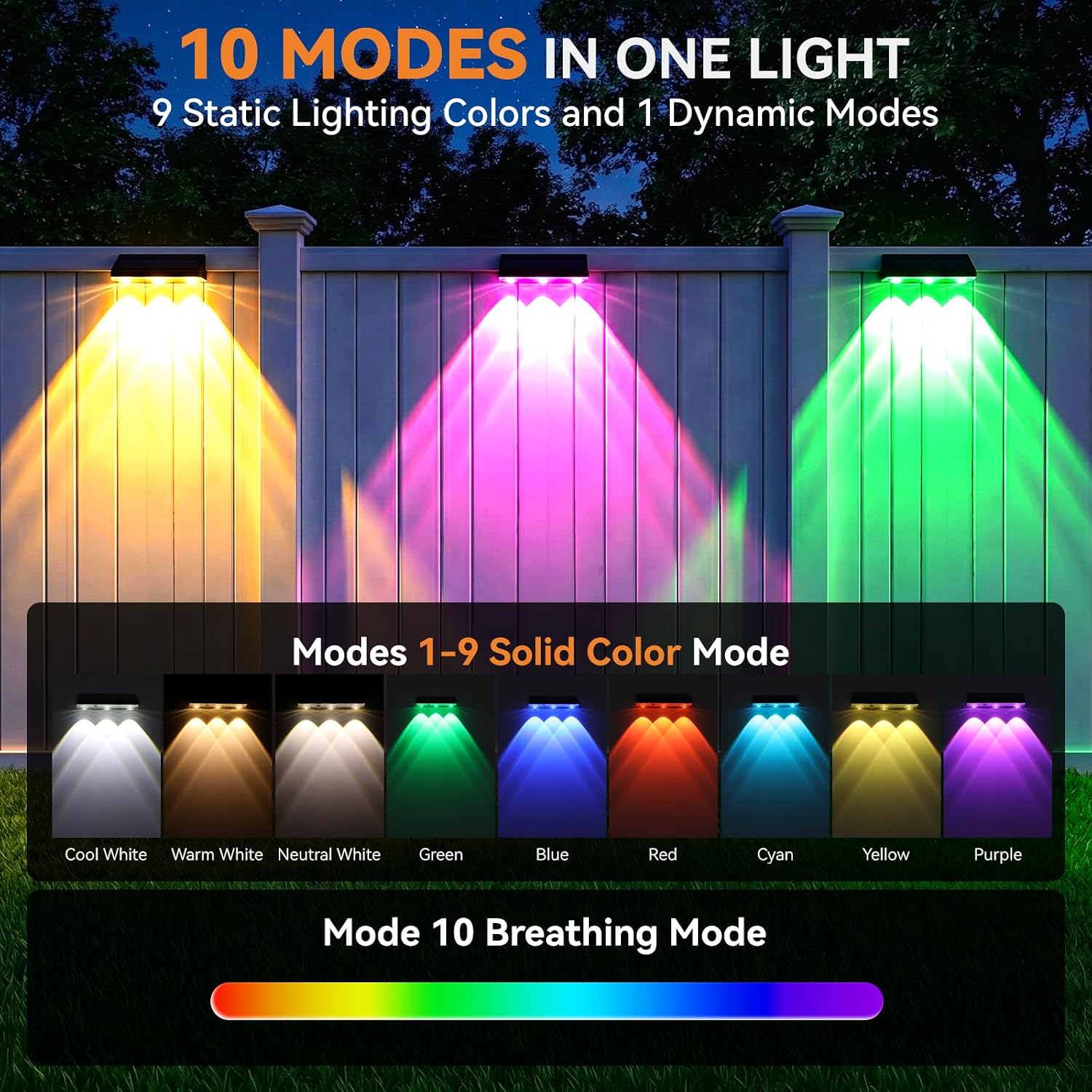 Solar Fence Lights Outdoor 10 Pack, Upgraded Brightness 3X Led Lens Fence Lights Solar Powered, 9 Fixed Colors & Rgb Lights, Ip65 Waterproof Solar Lights For Outside Backyard/Railing/Step/Patio