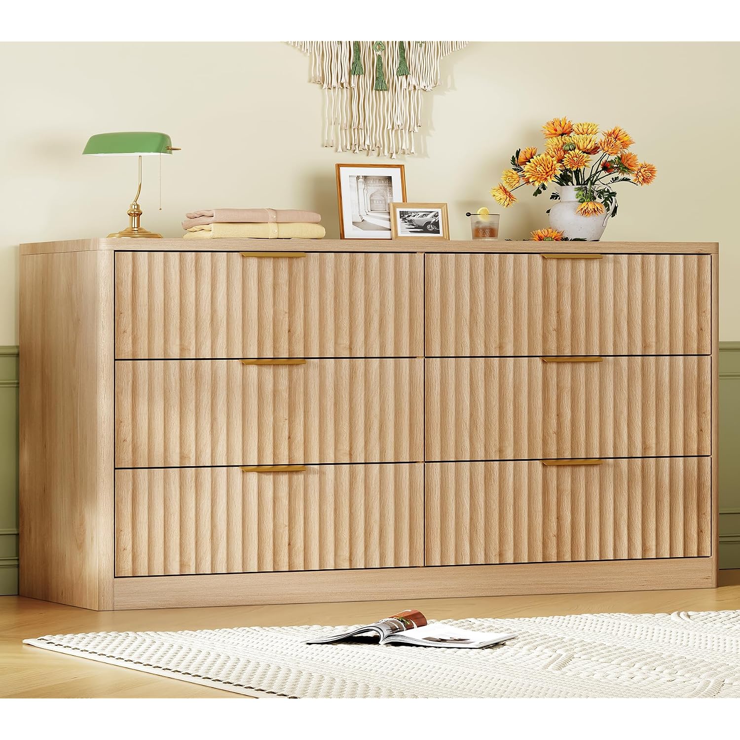Fluted 6 Drawer Dresser For Bedroom, Wide Modern Chest Of Drawers With Metal Handle, Curved Profile Design, Wood Closet Clothes Storage Organizer For Bedroom, Hallway, Natural