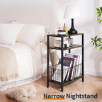 Yoobure Narrow Side Table With Storage Basket, Small End Table For Small Spaces Skinny Side Tables Living Room Bedroom, Slim Nightstand 3 Tier Bedside Table Space-Saving For Magazine, Rustic Brown