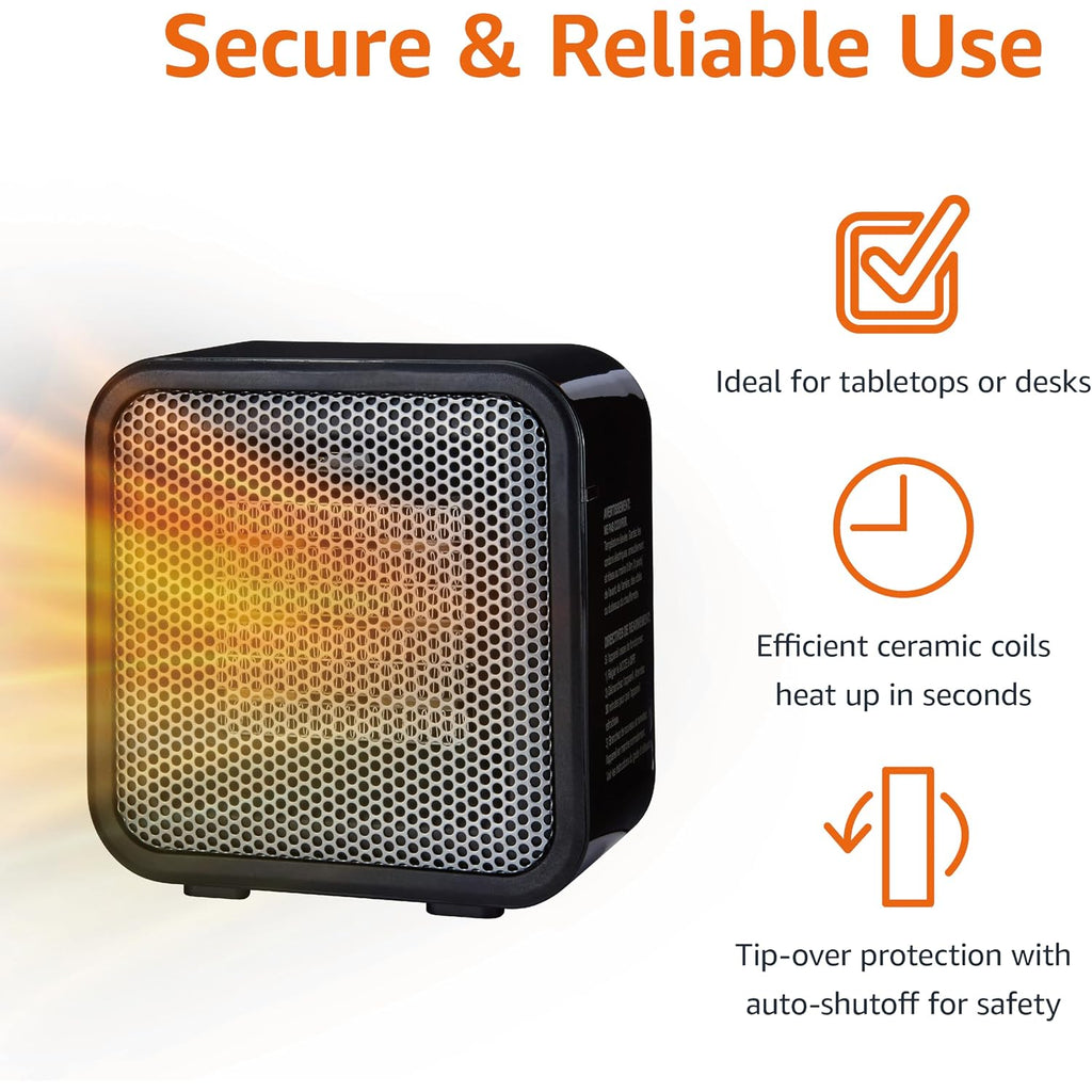 Amazon Basics Ceramic Portable Mini Space Heater For Office Desk, Indoor Use, Fast Heating, Energy Efficient, 500W, With Tip-Over Protection, Lightweight 1.4 Lbs, Black, 5.87"D X 3.15"W X 5.95"H