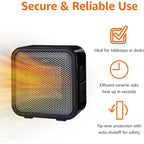 Amazon Basics Ceramic Portable Mini Space Heater For Office Desk, Indoor Use, Fast Heating, Energy Efficient, 500W, With Tip-Over Protection, Lightweight 1.4 Lbs, Black, 5.87"D X 3.15"W X 5.95"H