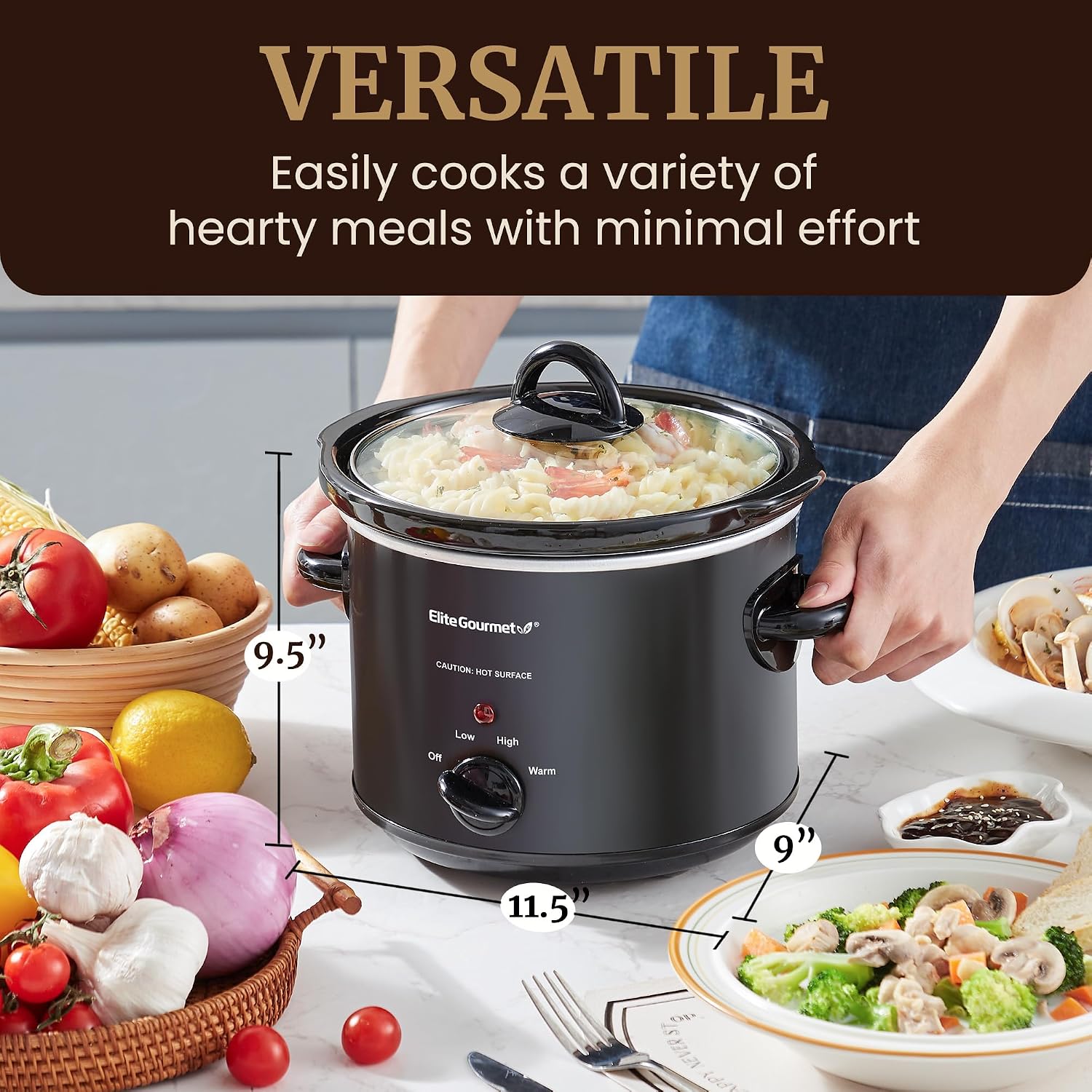 Elite Gourmet Mst-350B Electric Slow Cooker, Adjustable Temp, Entrees, Sauces, Stews & Dips, Dishwasher Safe Glass Lid & Crock (3 Quart, Black)