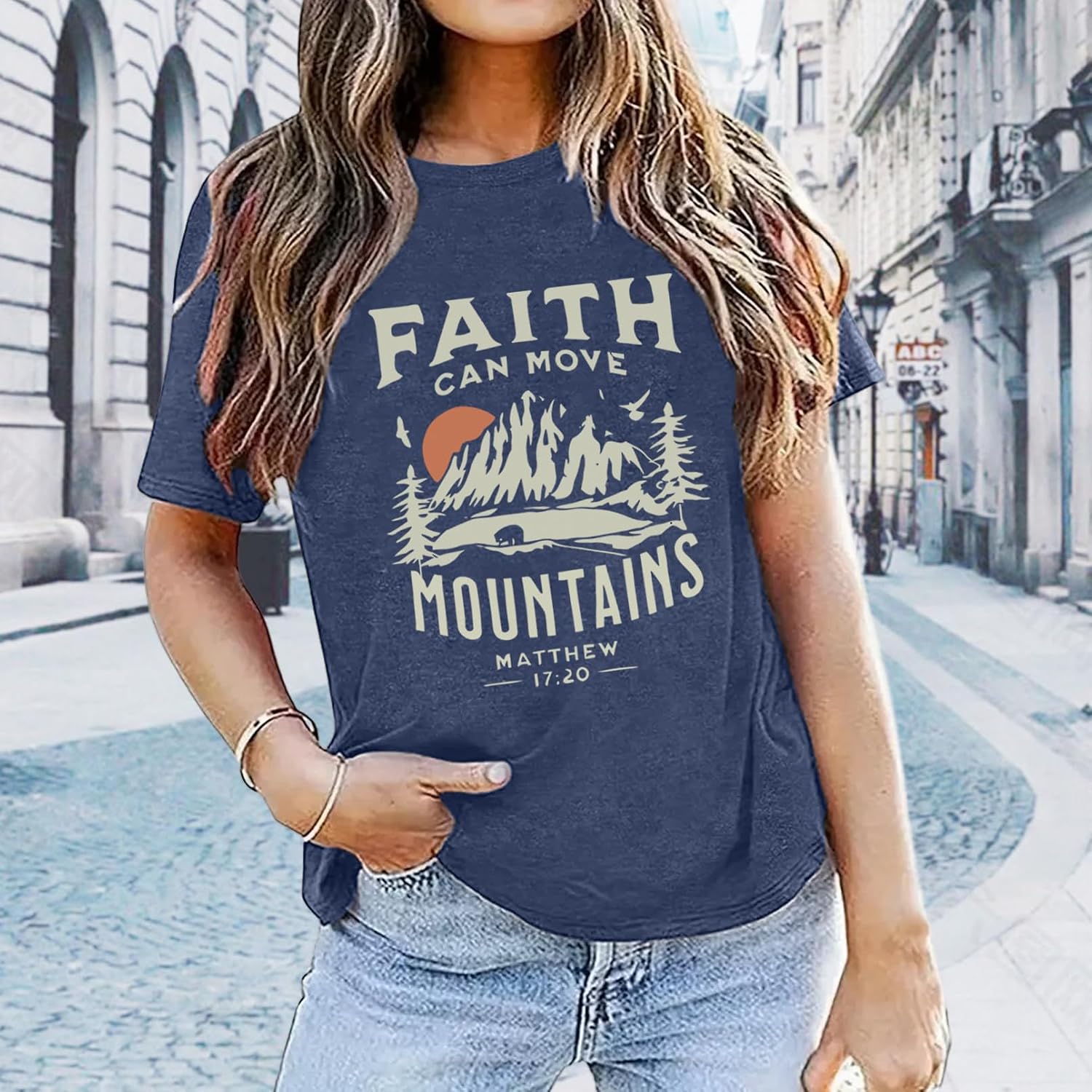 Women Graphic T-Shirts Cute Tees Summer Causal Tops Heather Navy