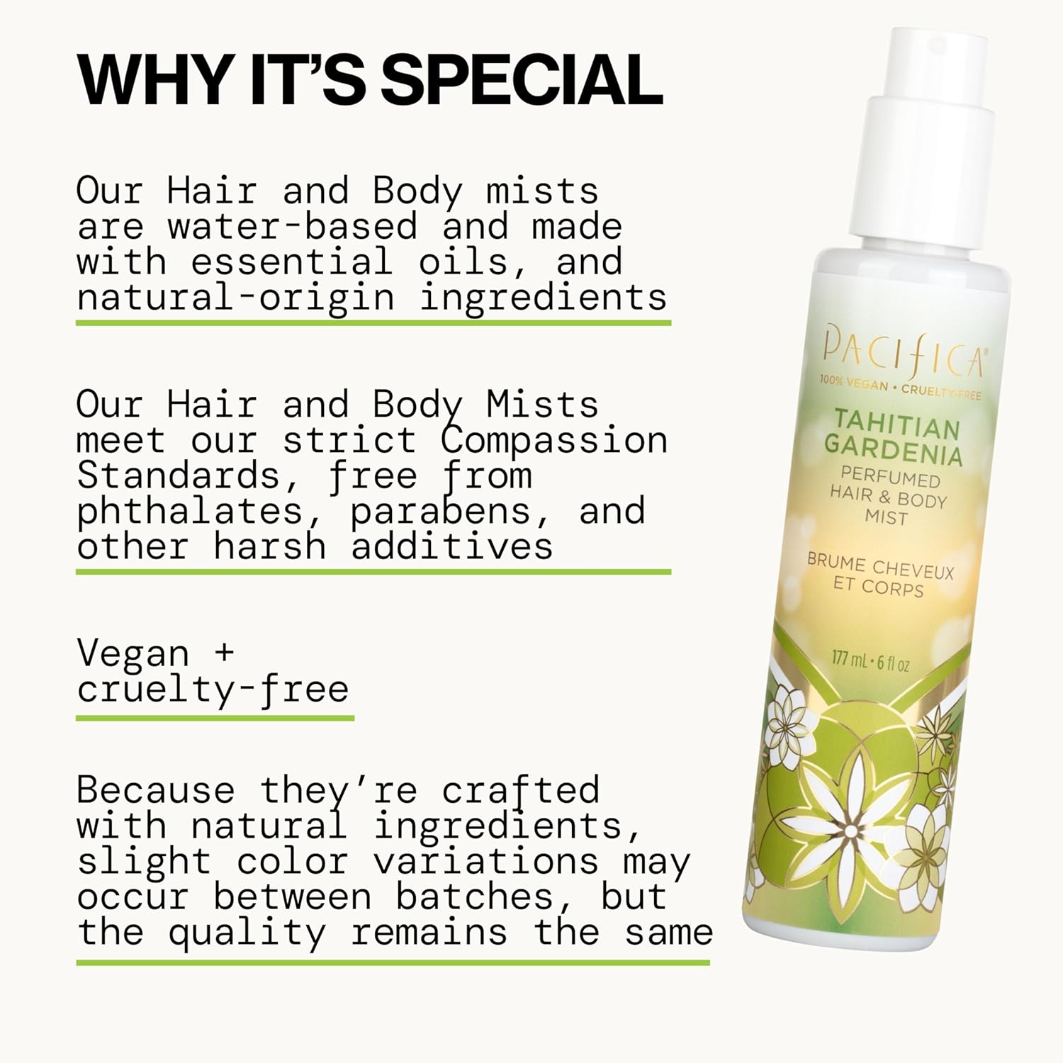 Pacifica Tahitian Gardenia Hair Perfume & Body Mist for Women — Alcohol-Free Hair & Body Spray, Floral Gardenia Perfume, Vegan & Cruelty-Free, Clean Fragrance, 6 Fl Oz
