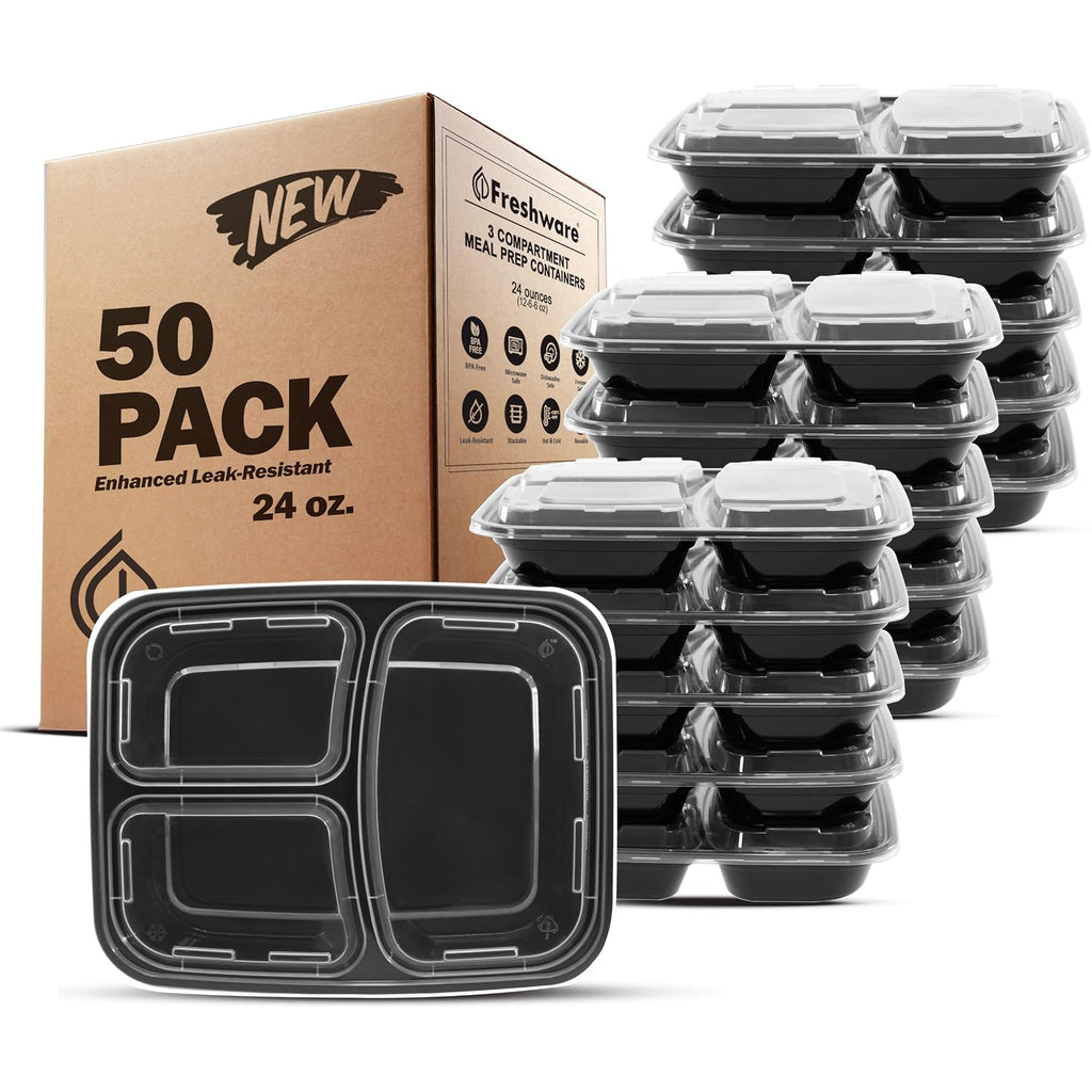 Freshware Meal Prep Containers [50 Pack] 3 Compartment Food Storage Containers With Lids, Bento Box, Bpa Free, Stackable, Microwave/Dishwasher/Freezer Safe (24 Oz)