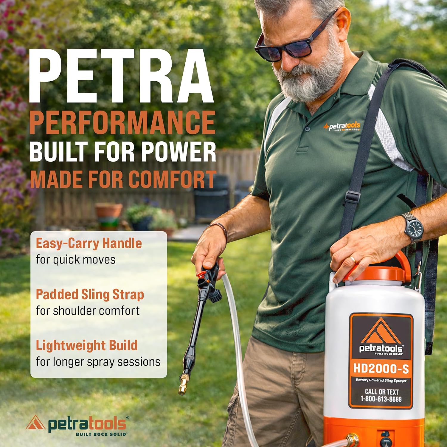 Petratools Hd2000-S 2 Gallon Battery Powered Garden Sprayer, 2 Hour Runtime | Rechargeable Weed Sprayer W/ 4 Ft Hose, Wand, 2 Nozzles - For Lawn Care, Weed & Pest Control, Fertilizing - Up To 20 Ft Reach