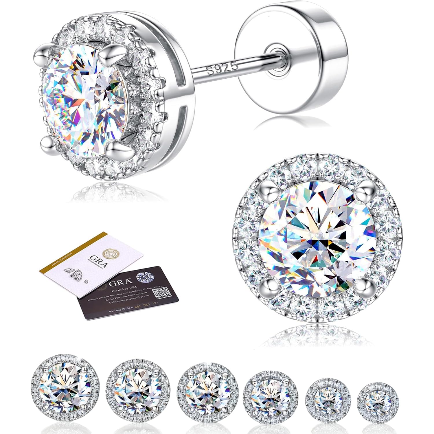 Moissanite Stud Earrings with Flat Back - 925 Sterling Silver D Color VVS1 Moissanite Earring for Women Men,14K White Gold Plated Brilliant Halo Stud Earrings Hypoallergenic Jewelry for Sensitive Ear
