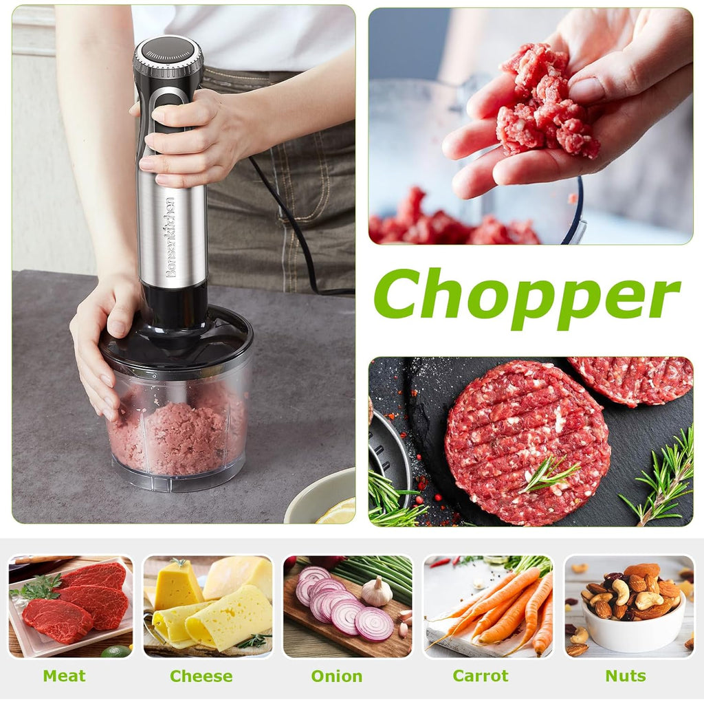 Bonsenkitchen Immersion Blender Handheld with Food Processor, 20 Speeds Hand Blender with Turbo Mode, Stainless Steel Blade, Egg Whisk, Beaker & Chopper Bowl, Hand Mixer for Smoothie, Soup, Baby Food