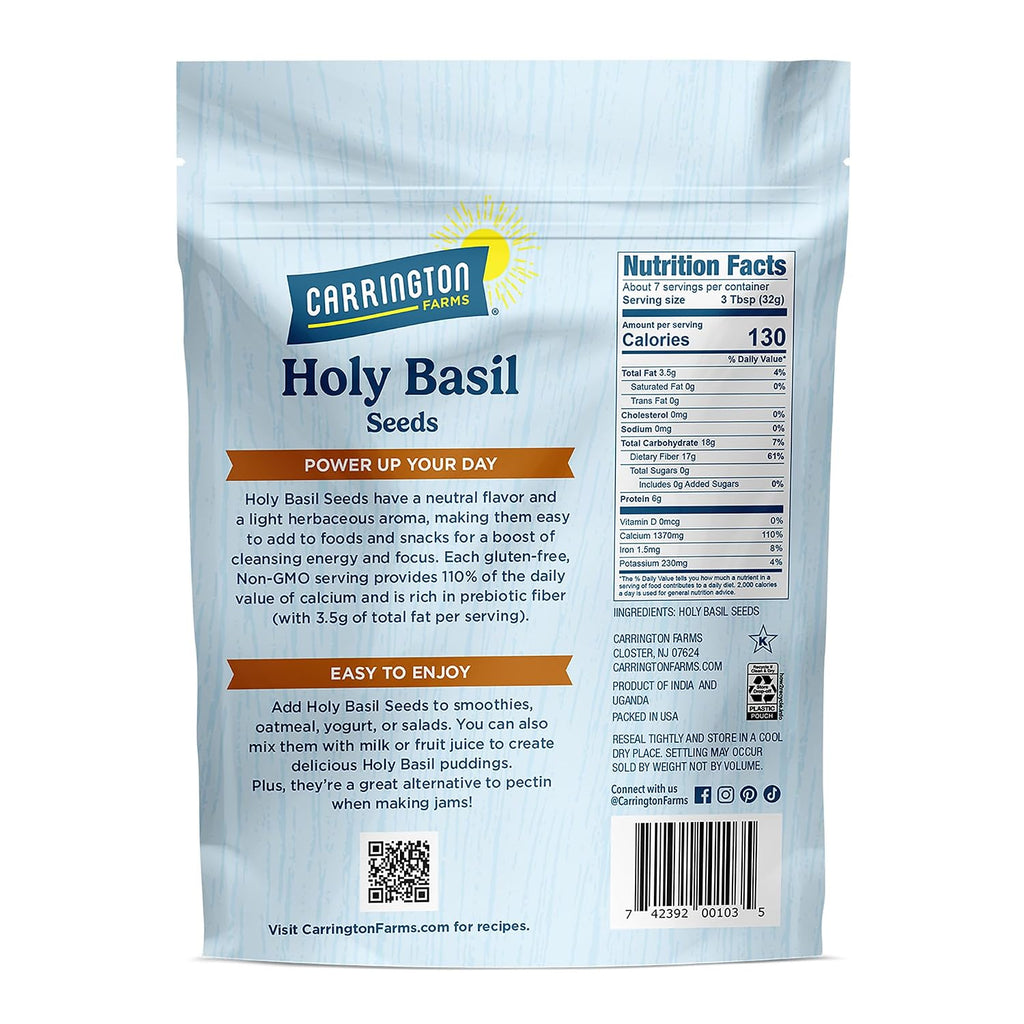 Carrington Farms Holy Basil Seeds Gluten Free, Paleo, Keto, High Fiber Seeds Plant-Based, Calcium-Packed, Daily Nutrition Boost, 8 Ounce