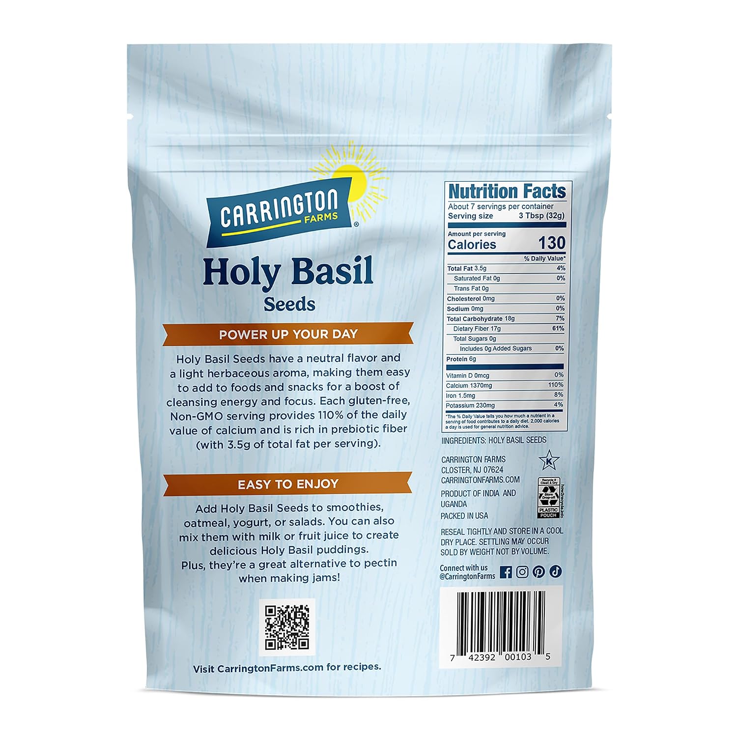 Carrington Farms Holy Basil Seeds Gluten Free, Paleo, Keto, High Fiber Seeds Plant-Based, Calcium-Packed, Daily Nutrition Boost, 8 Ounce