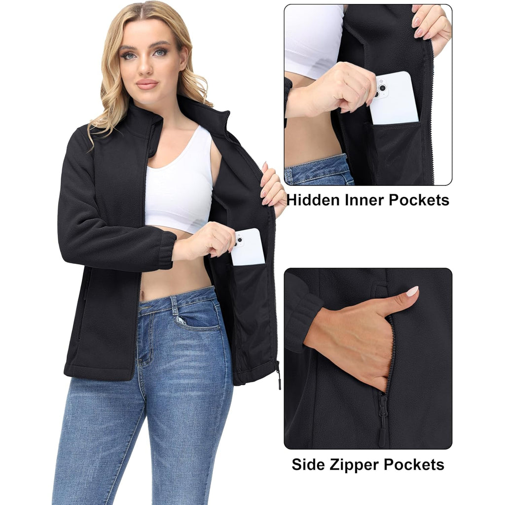 Magcomsen Women'S Fleece Jacket Zip Up Coat Lightweight Soft Warm Long Sleeve Jackets With Pockets For Winter