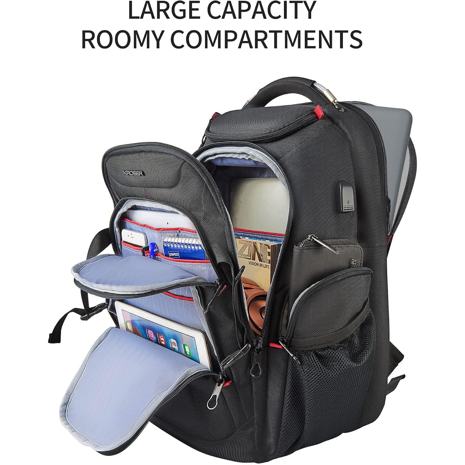Kroser Travel Laptop Backpack 17.3 Inch Xl Computer Backpack With Hard Shell Saferoom Rfid Pockets Water-Repellent Business College Daypack Stylish Bag For Men/Women-Black