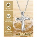 FUNRUN JEWELRY 925 Sterling Silver Cross Necklace for Women 3 Stone Cubic Zirconia Silver Cross Pendant Necklaces with 1 MM Box Chain,18 Inches