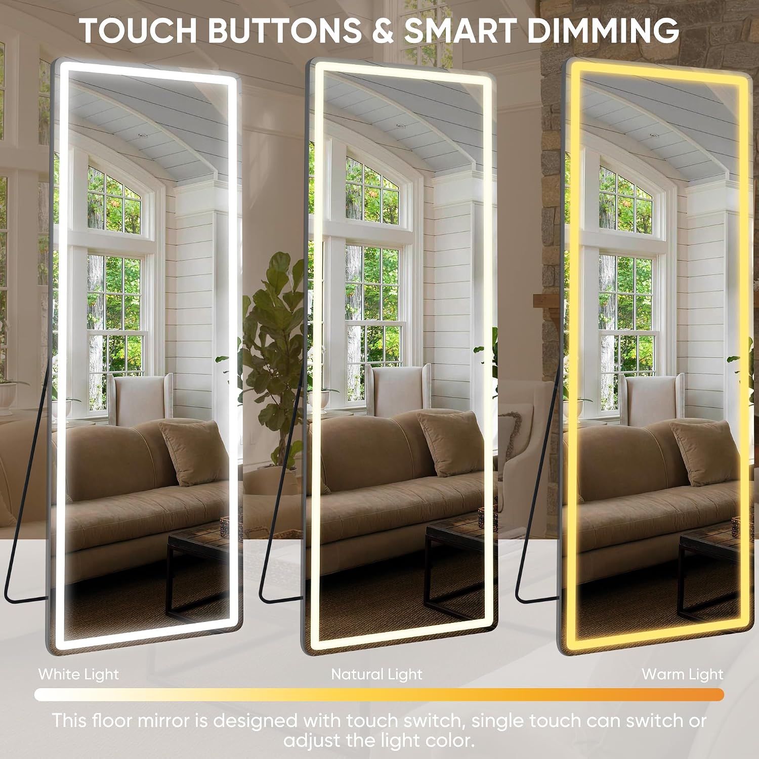 Antok Led Full Length Mirror With Light, 71"X28" Lighted Full Body Mirror With Stand, Dimmable & 3 Color Lighting Standing/Leaning/Wall Mounted Vanity Mirror For Bedroom Cloakroom Livingroom(Rect)