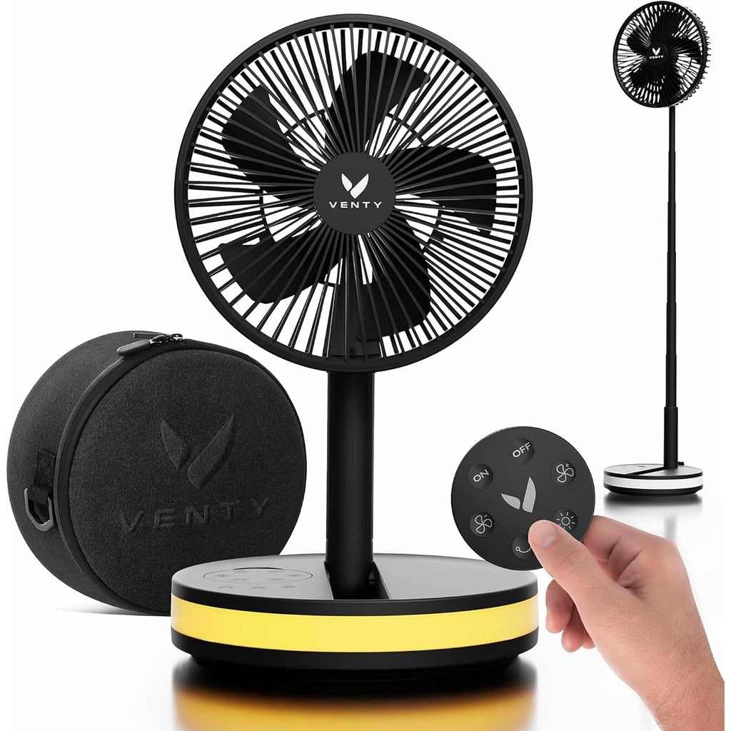Venty Portable Fan - Wireless Battery Operated Fan - 4 Speeds - Led Lighting - Carry Case & Remote Control - Cruise Travel - Outdoor Travel Rv Power Bank With Usb-C Port (Black With Case)