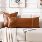 Fancy Homi Brown Boho Long Lumbar Faux Leather Body Decorative Throw Pillow Cover 14X36 Inch For Bedroom Couch Bed Sofa Bench, Hand Stitched Stylish Pillowcase, Rustic Modern Farmhouse Room Decor