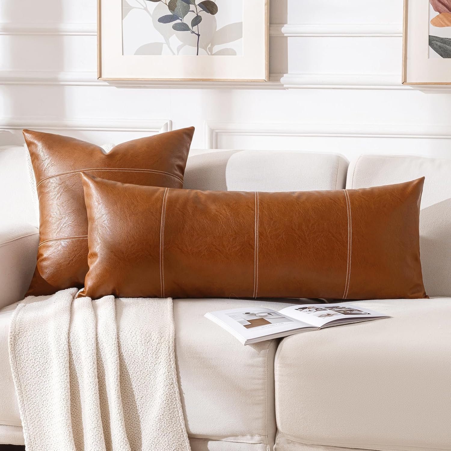 Fancy Homi Brown Boho Long Lumbar Faux Leather Body Decorative Throw Pillow Cover 14X36 Inch For Bedroom Couch Bed Sofa Bench, Hand Stitched Stylish Pillowcase, Rustic Modern Farmhouse Room Decor
