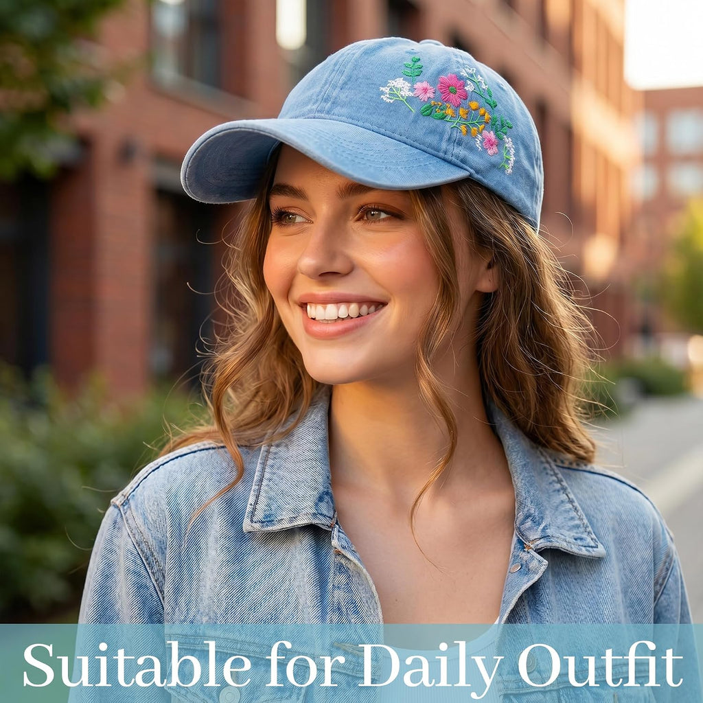HOVEOX Flower Baseball Cap Embroidered Hat Baseball Cap Women's Hats Trendy Embroided Flower Gift for Woman Blue