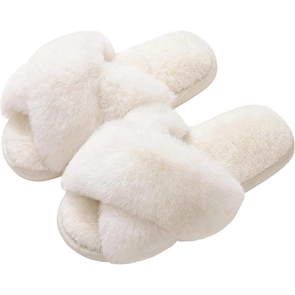 Evshine Memory Foam Fuzzy House Slippers For Women | Faux Fur Cross Band Open Toe Indoor Slippers, Gifts For Women, Moms And Bridesmaids