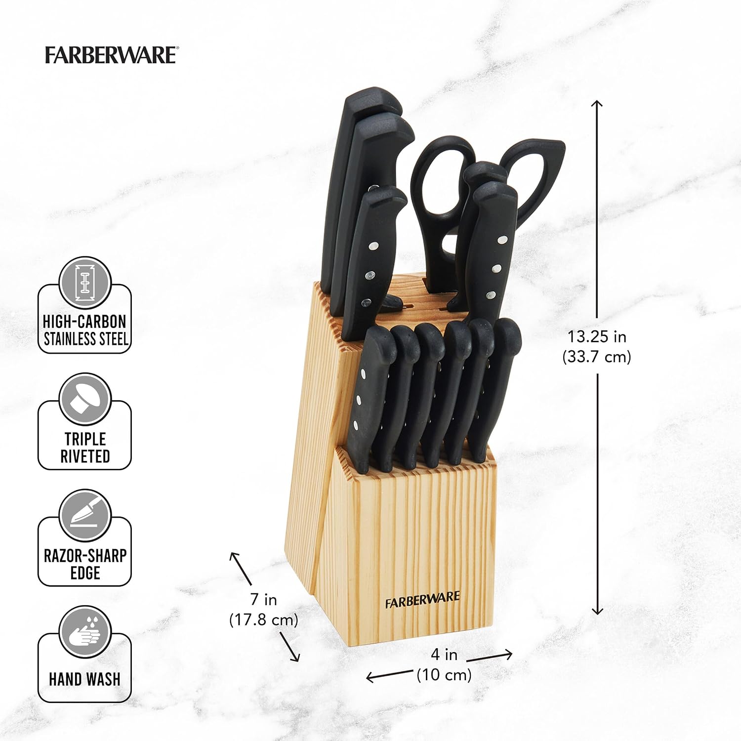 Farberware Knife Block Set 22-Piece Kitchen Knife Set With High-Carbon Stainless Steel Blades, Non-Slip Handles, Chef Knife, Santoku, Steak Knives, Scissors, Sharpening Steel, And Storage Block