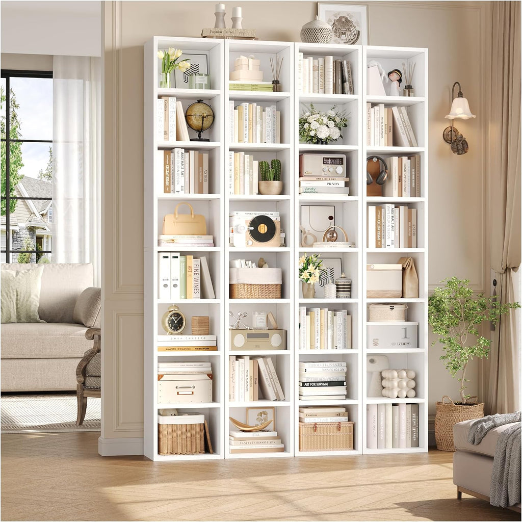 Fotosok White Bookshelf 8-Tier Narrow Bookshelf, 11.6 X 9.3 X 70.9 Tall Cd Dvd Media Tower Rack With 4 Adjustable Shelves, Tall Narrow Bookcase Slim Display Bookshelf With Cube Storage For Home Office