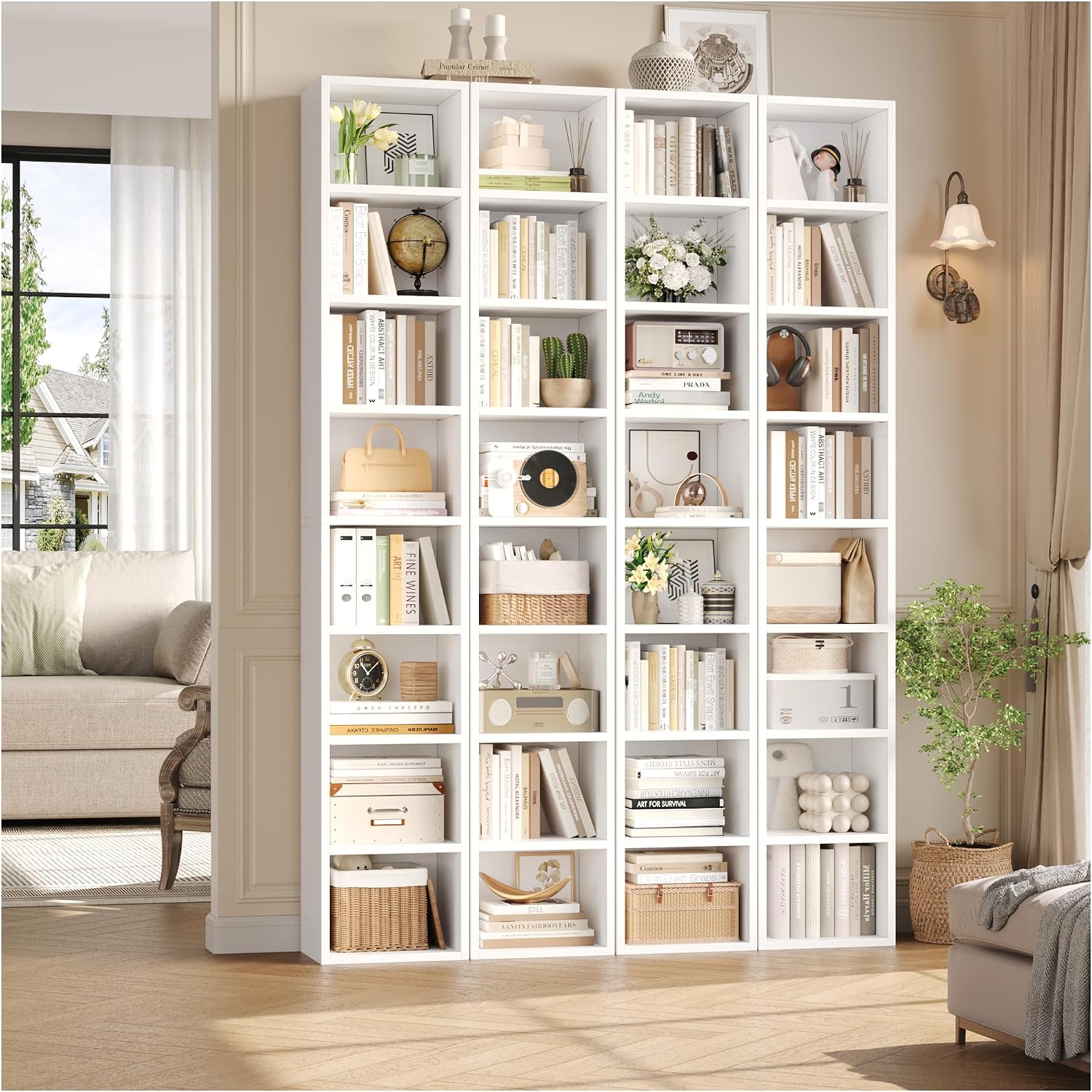 Fotosok White Bookshelf 8-Tier Narrow Bookshelf, 11.6 X 9.3 X 70.9 Tall Cd Dvd Media Tower Rack With 4 Adjustable Shelves, Tall Narrow Bookcase Slim Display Bookshelf With Cube Storage For Home Office