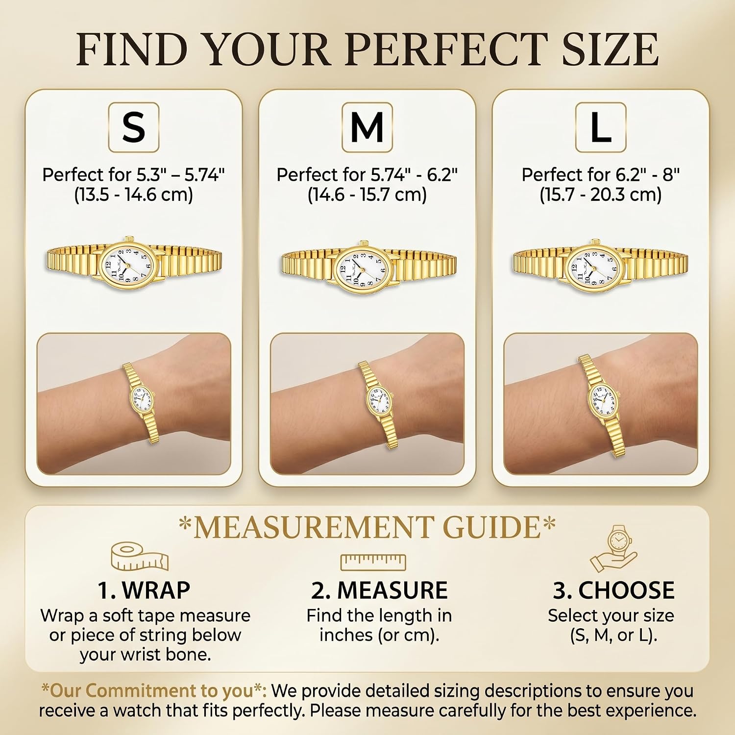 Diaofendi 3 Sizes (S/M/L) Small Gold Watches For Women - Fit 5"-8" Expansion Band, Valentine'S Day Gifts For Mom Wife, Easy Read Ladies Quartz Watch, Water Resistant
