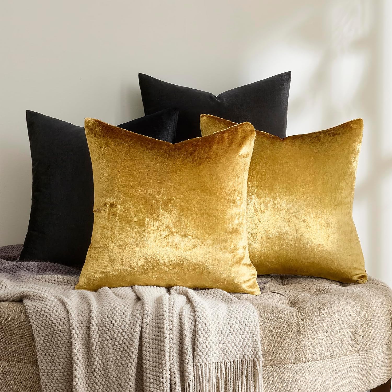 Gigizaza Decorative Throw Pillow Covers 18 X 18,Gold Black Soft, Set Of 4 Square Velvet Cushion Covers