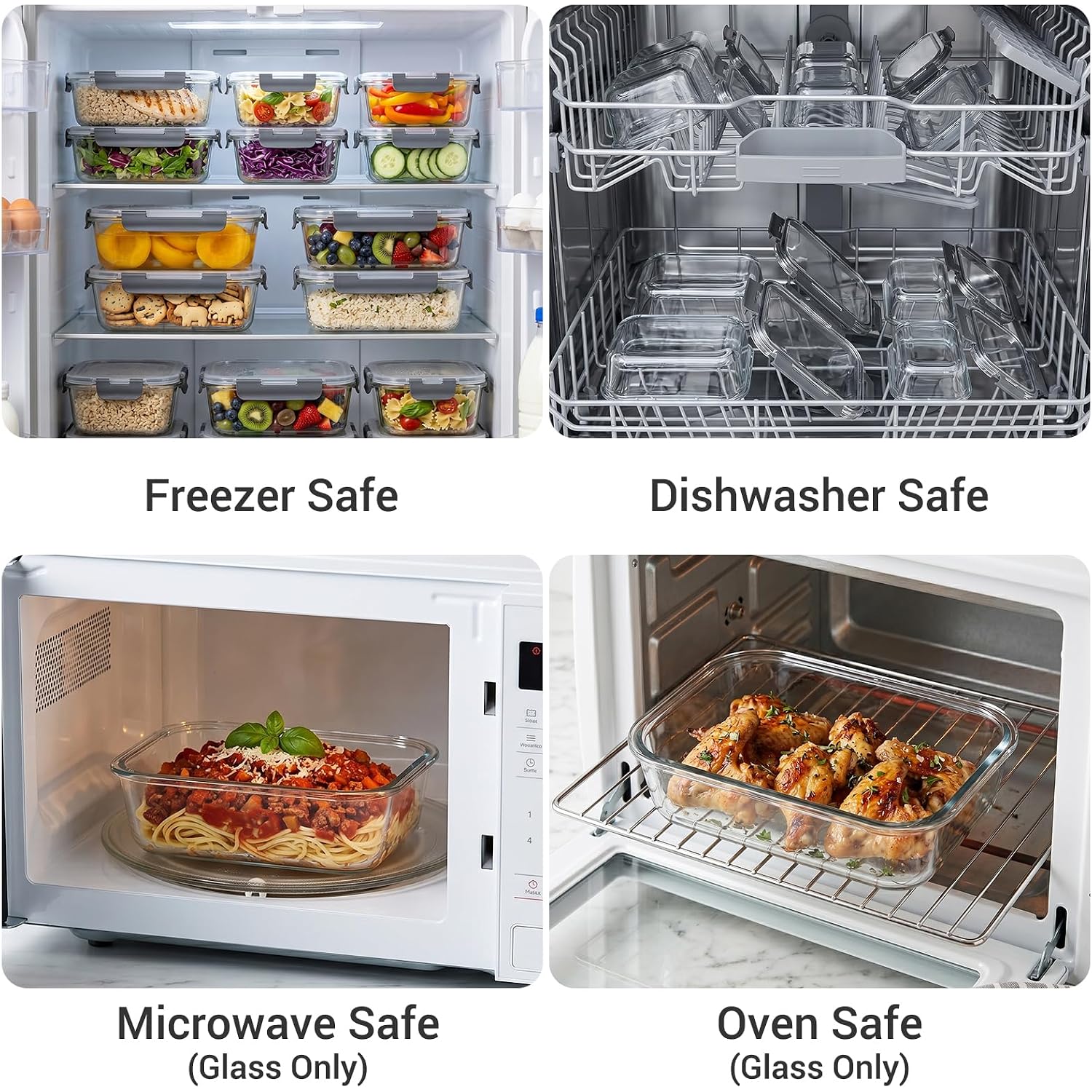 Dealusy 10 Sets (20-Piece) 36 Oz & 12 Oz Glass Food Storage Containers With Lids, Airtight Leak-Proof Glass Meal Prep Containers With Lids, Microwave Oven Freezer Dishwasher Safe, Gray