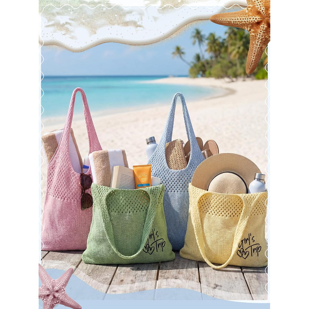 Patelai 4 Pcs Girls Trip Gifts Embroidered Beach Mesh Tote Bags For Women Summer Beach Mesh Tote Girls Weekend Trip Favors (Macaron)