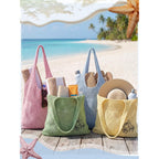 Patelai 4 Pcs Girls Trip Gifts Embroidered Beach Mesh Tote Bags For Women Summer Beach Mesh Tote Girls Weekend Trip Favors (Macaron)