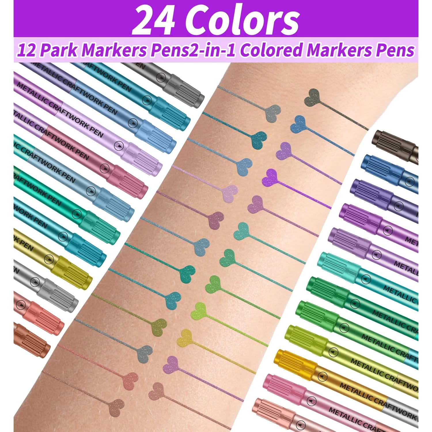 Temporary Tattoo Markers for Skin, 24 Colors (Two Colors Per Pen), 12 Dual Tip Body Markers + 95 Tattoo Stencils, Flexible Brush Tip, Skin-Safe, Cosmetic-Grade for Kids & Adults