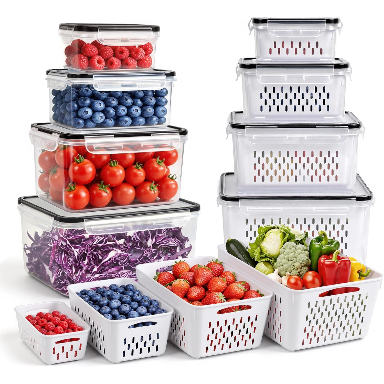 8 Pcs Fruit Storage Containers For Fridge, Leakproof Produce Containers | For Fridge With Removable Colander, Microwave/Dishwasher Safe Fruit Washing Bowl Keep Fruits, Vegetables, Berry Fresh Longer