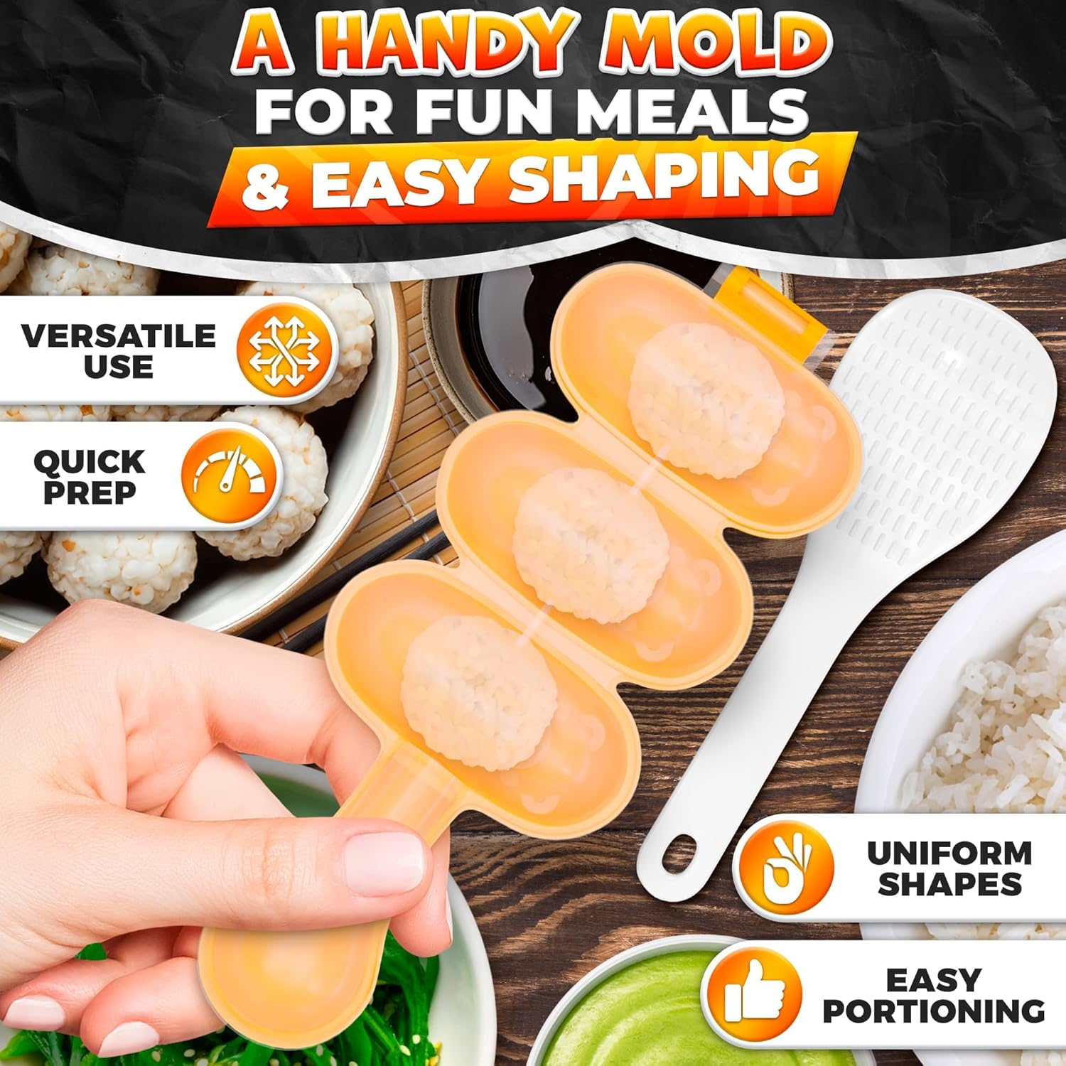 Rice Ball Mold - Mini Rice Ball Maker Mold with 3 Bite-Size Portions, Plastic Shaker with Scoop for Fast Shake Shaping – Versatile Tool for Bento Meals, Temari Sushi, Yaki-Onigiri & Creative Plating