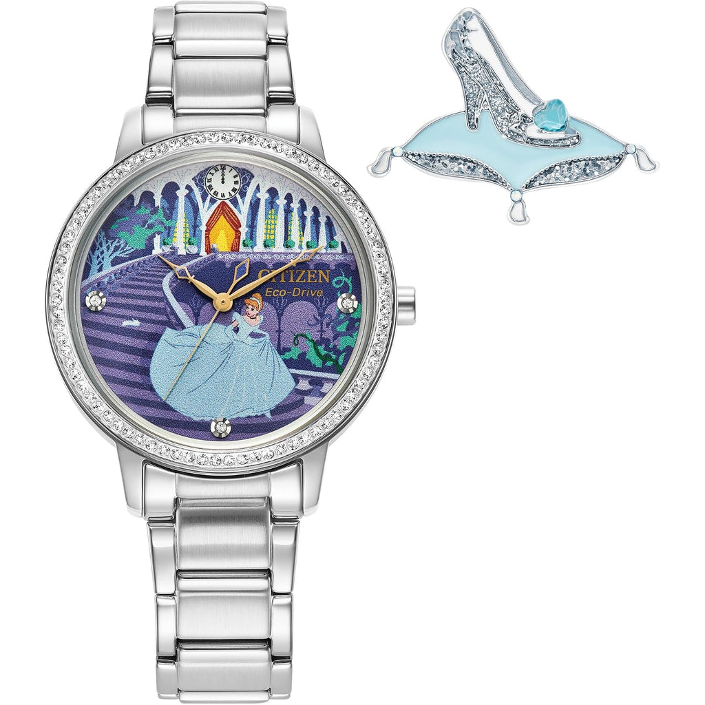 Citizen Women'S Eco-Drive Disney Princess Cinderella Crystal Watch And Pin Gift Set In Silver Stainless Steel Watch, Blue Dial (Model: Fe7041-51W)