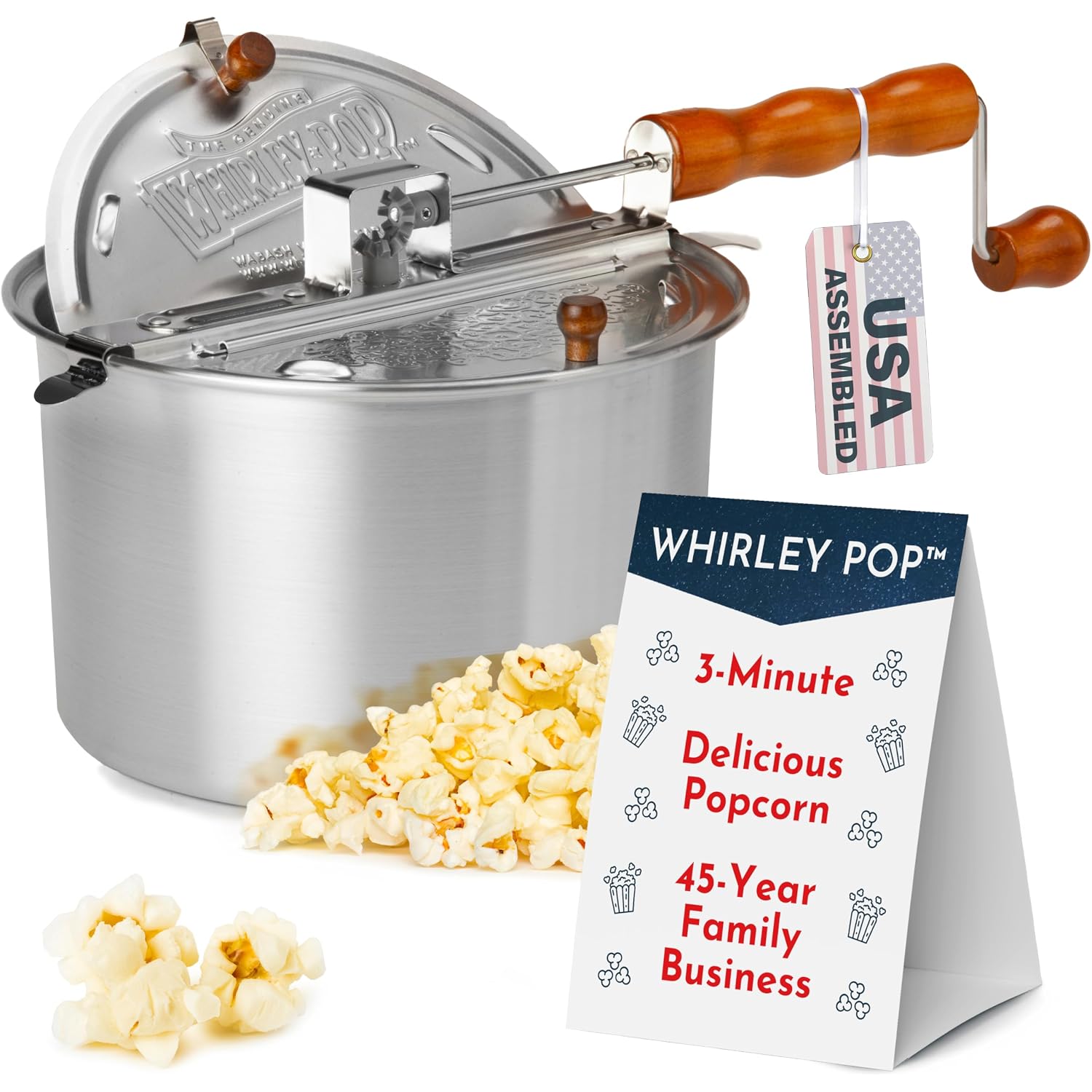 Original Whirley Pop Popcorn Machine – 3-Minute Stovetop Popcorn Maker For Home Movie Snacks & Game Night – Wabash Valley Farms – Aluminum Pot With Nylon Gears – (Silver)